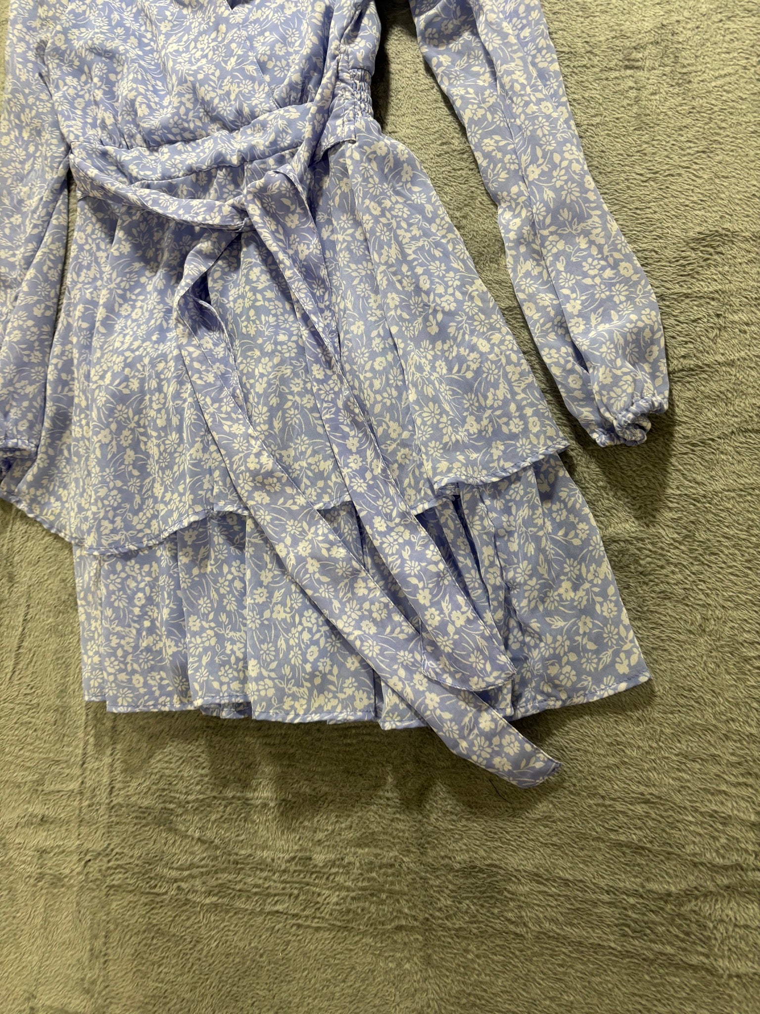 Jaspir S Blue Floral Tiered Ruffle Wrap Mini Dress Long Sleeve Tie Waist