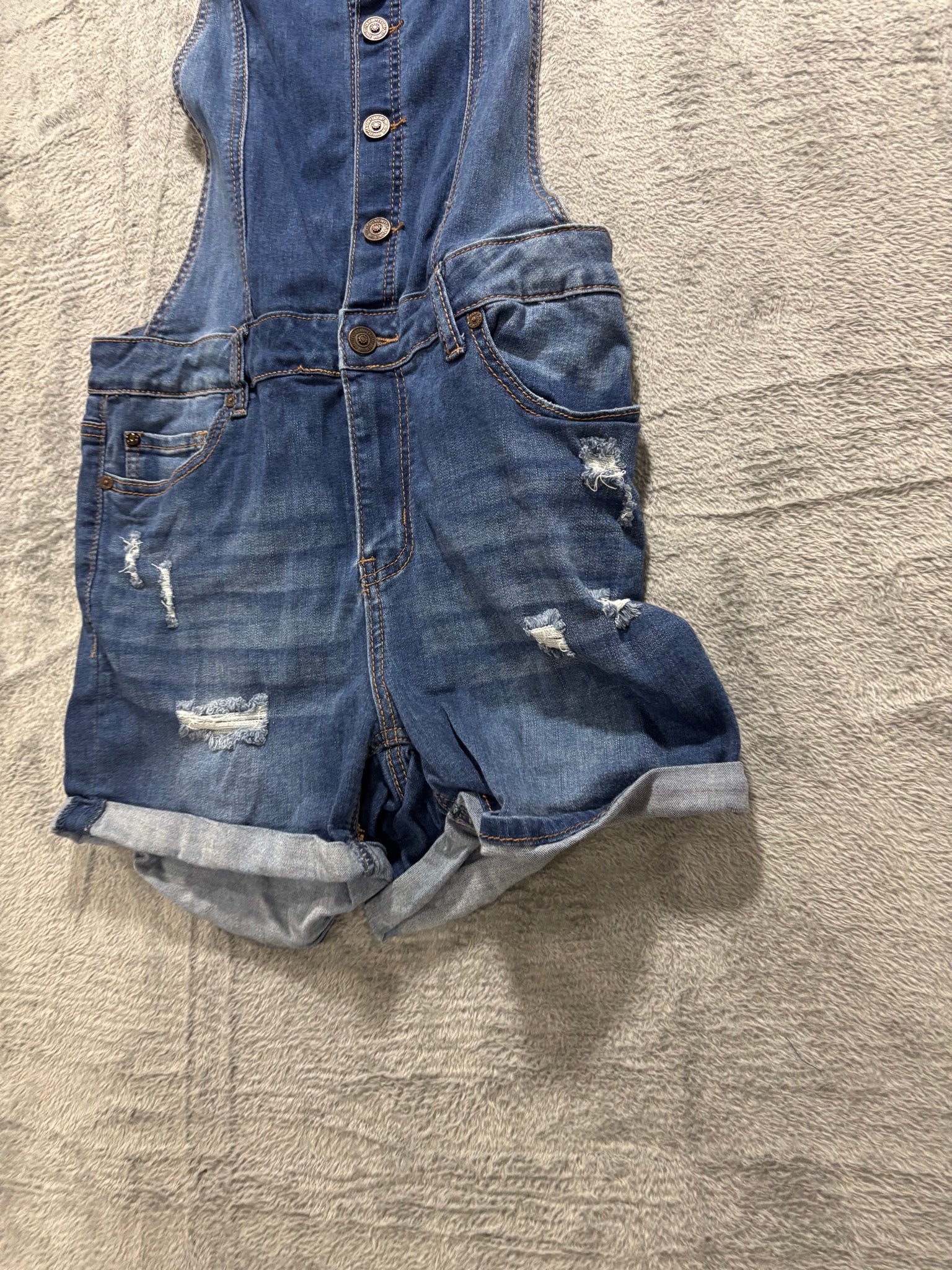 EnJean L Medium Wash Distressed Denim Overall Shorts Shortalls Cuffed Bib