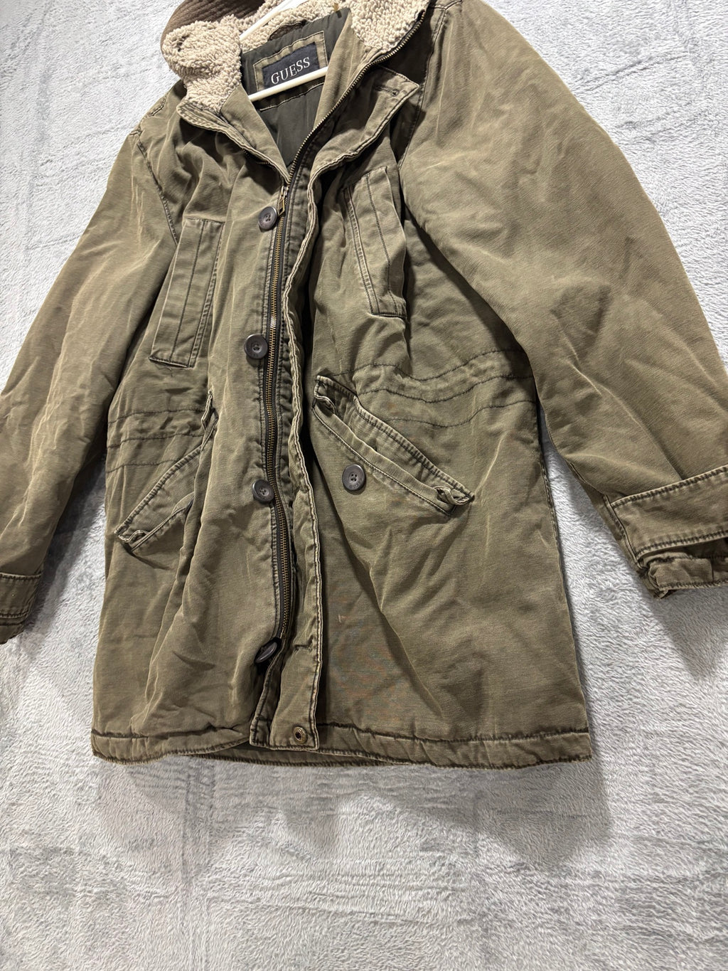 GUESS Mens M Olive Green Sherpa-Lined Hooded Military Field Parka Jacket