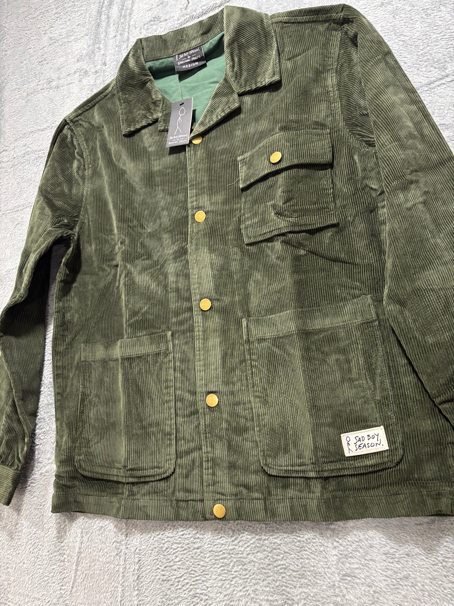 Sad Boy Season Barstool Sports M Olive Corduroy Chore Jacket NWT Snap Front