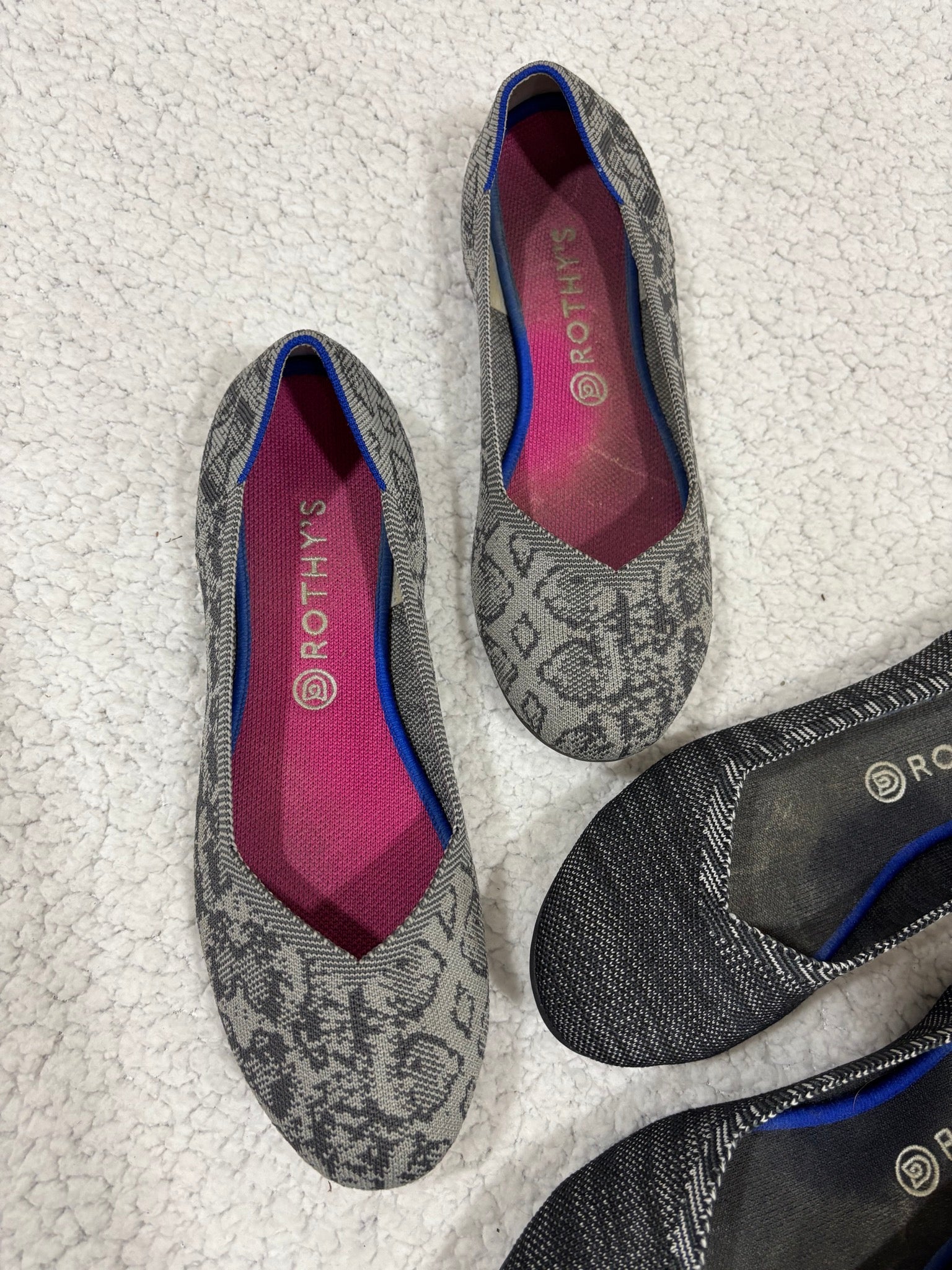 Rothy's Womens 12 Gray Leopard Black Round Toe Knit Flats 2 Pair Lot