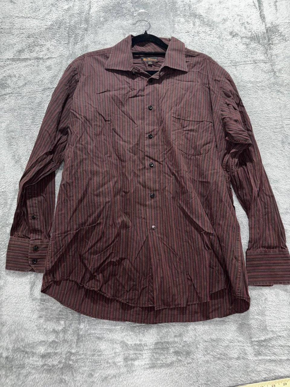 Ben Sherman Mens 16 32-33 Burgundy Striped Long Sleeve Button Up Dress Shirt