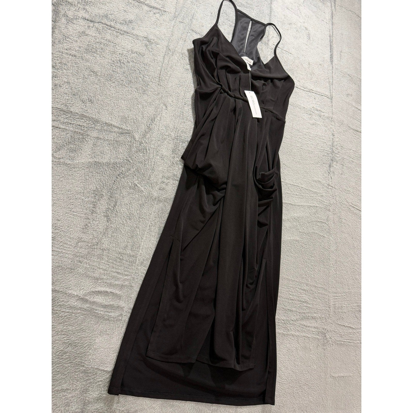 BCBGeneration Black Draped Racerback Midi Dress NWT XS Sleeveless Surplice LBD