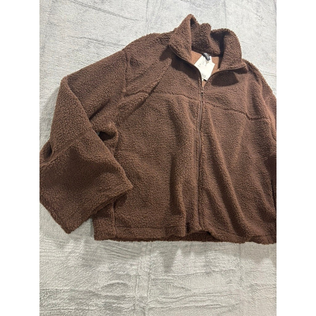 HM DIVIDED Womens XL Brown Teddy Fleece Full Zip Jacket Oversized Sherpa Cozy