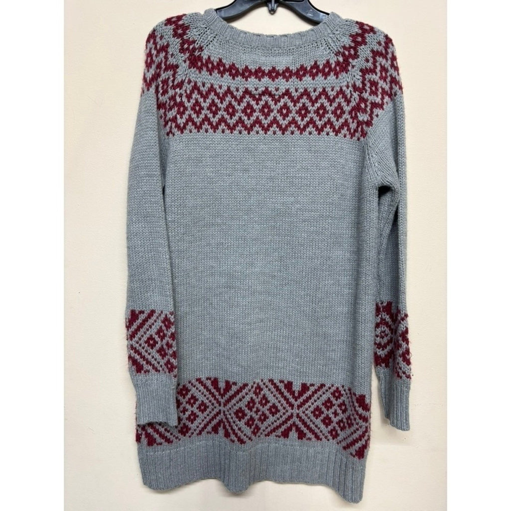 Natural Reflections Gray Fair Isle Knit Sweater XL Burgundy Nordic Cozy Cabin
