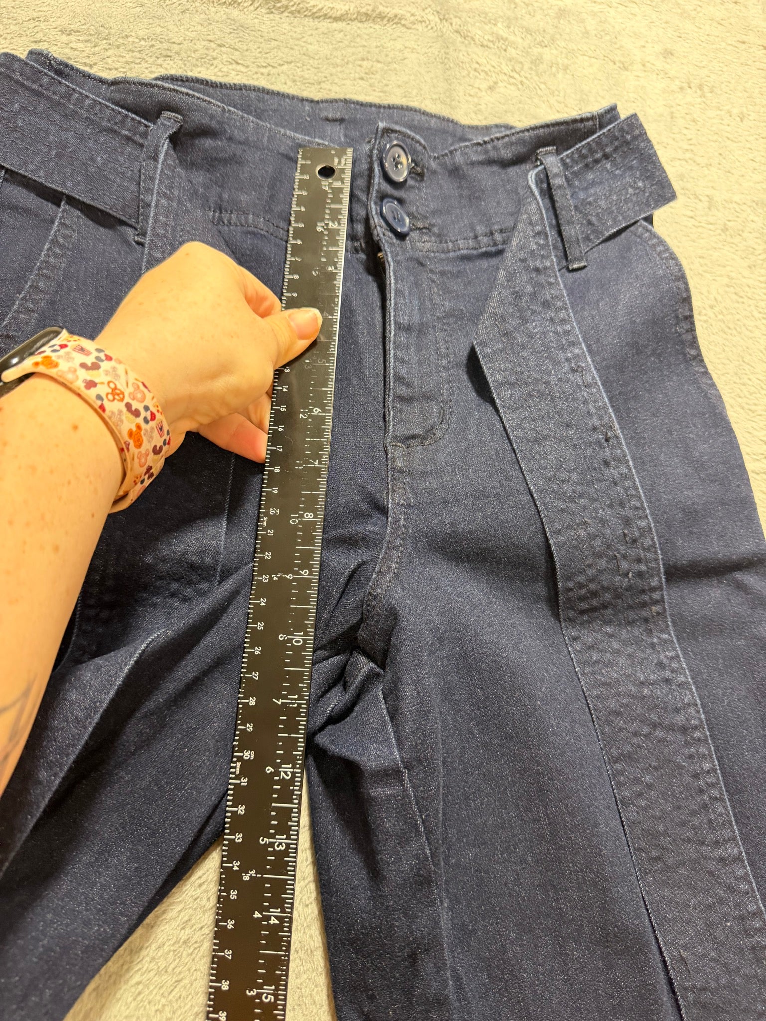 a new day Size 4 Navy Wide-Leg Belted Stretch Denim Trousers High-Rise