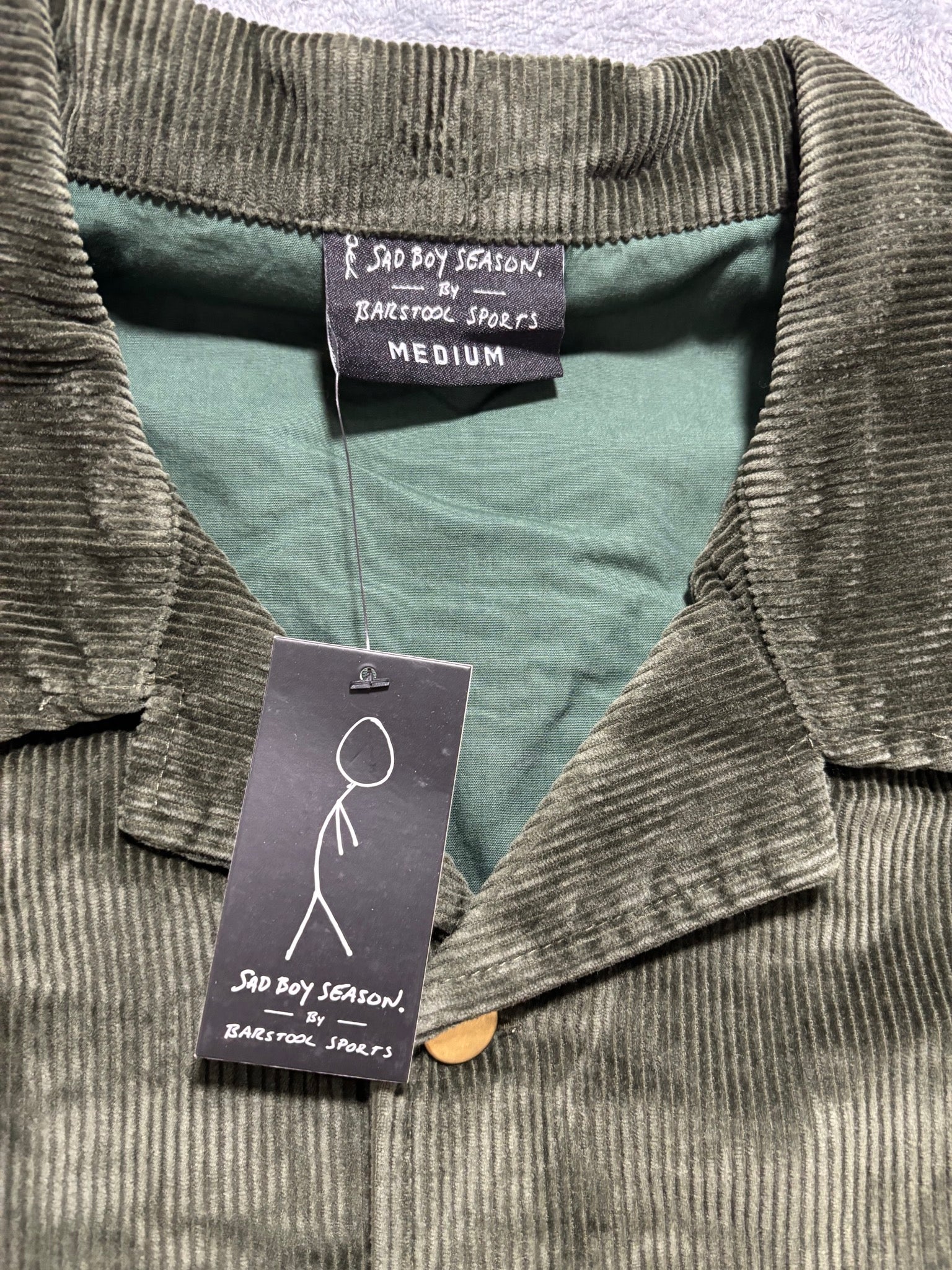 Sad Boy Season Barstool Sports M Olive Corduroy Chore Jacket NWT Snap Front