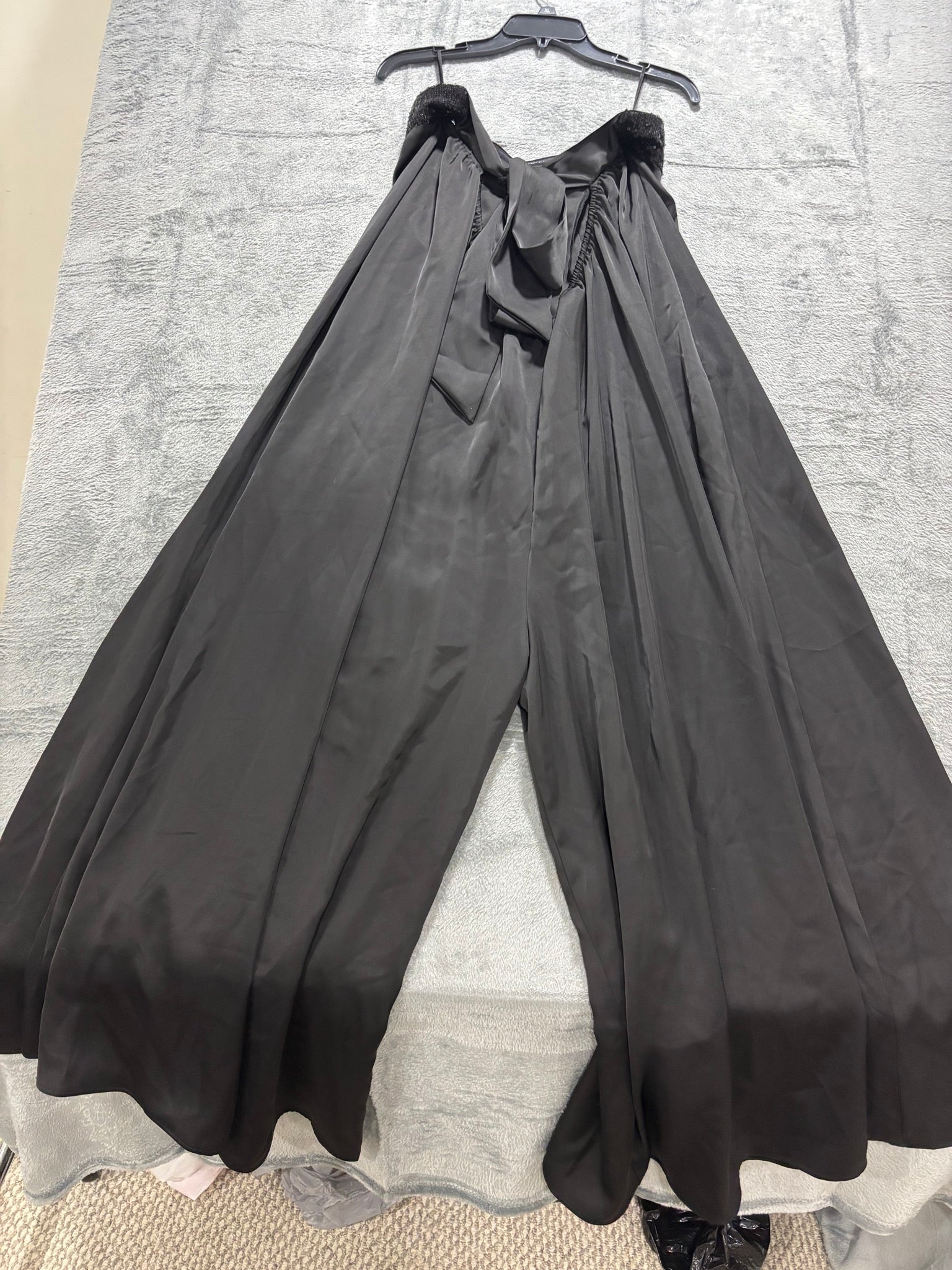 Black Satin Strapless Wide Leg Jumpsuit Sequin Bust Bow Formal Palazzo S/M