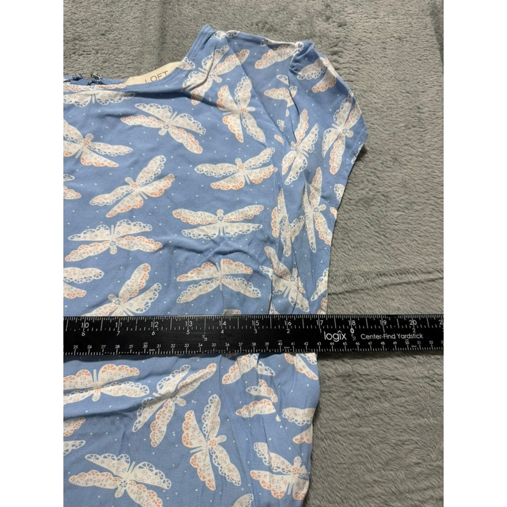 LOFT Dress Womens 12 Blue Dragonfly Print Cap Sleeve Fit Flare Midi