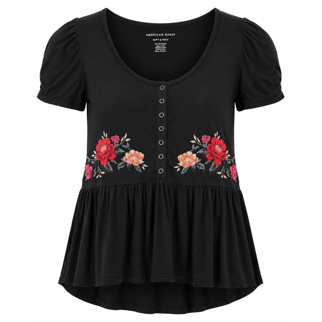 American Eagle Soft & Sexy Black Floral Embroidered Babydoll Peplum Top XS