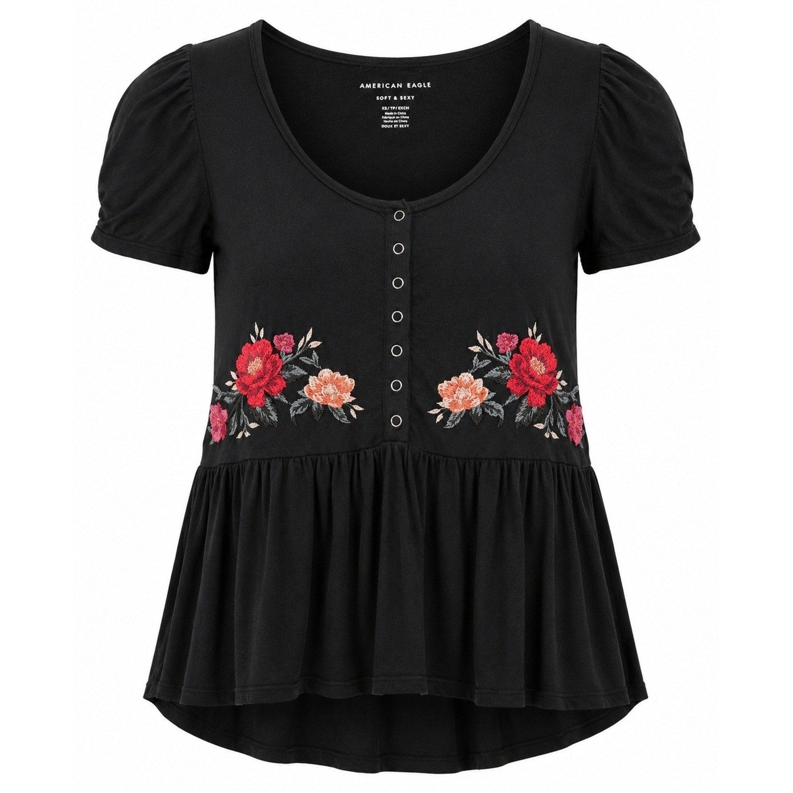 American Eagle Soft & Sexy Black Floral Embroidered Babydoll Peplum Top XS