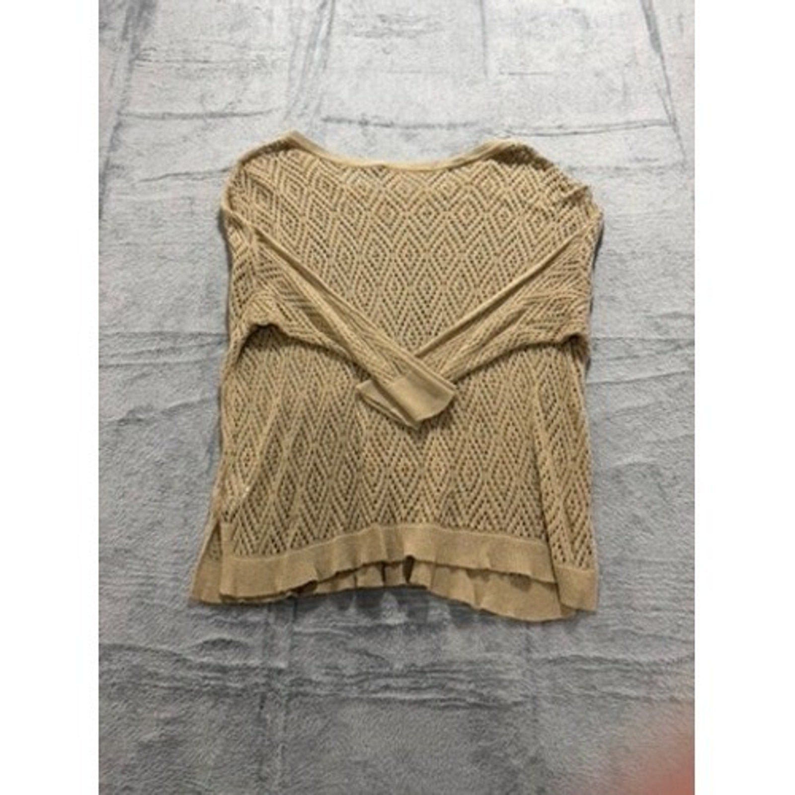 Ellen Tracy Womens XL Tan Diamond Open Knit Crochet Sweater 3/4 Sleeve Boat Neck