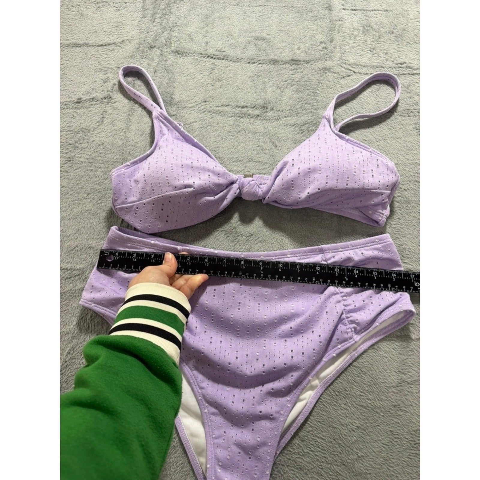 Lavender Eyelet Knot Front High Waisted Bikini Set Purple 1XL Plus Size Swimwear