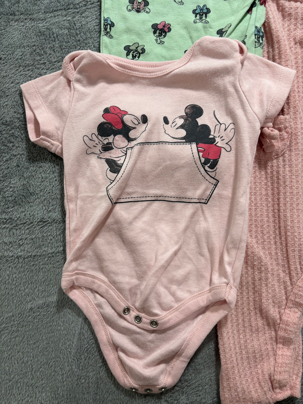 Disney Baby 6-9M Girl 5 Pc Lot Minnie Mickey Bodysuits Waffle Romper Shorts Pink