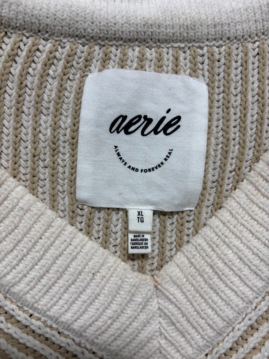 Aerie Womens XL Cream Tan Ribbed Knit V Neck Sweater Oversized Slouchy