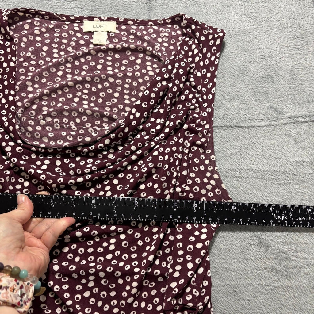 LOFT XL Burgundy White Polka Dot Cowl Neck Womens Dress Casual Vintage Style