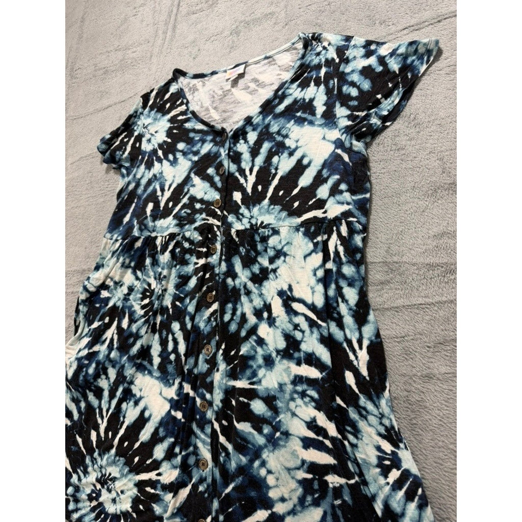 LuLaRoe Blue Black Tie Dye Button Front V-Neck Mini Dress Womens Large Festival