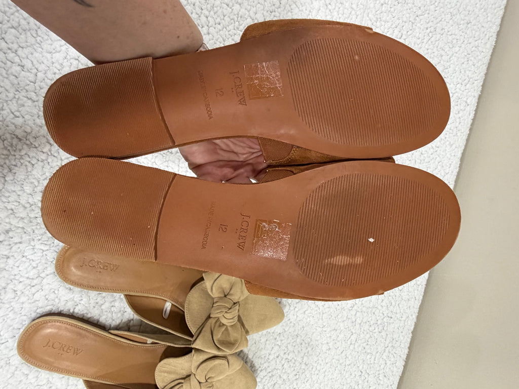 J.Crew Size 12 Suede Mules 2-Pair Lot Tan Bow & Brown Slide Sandals