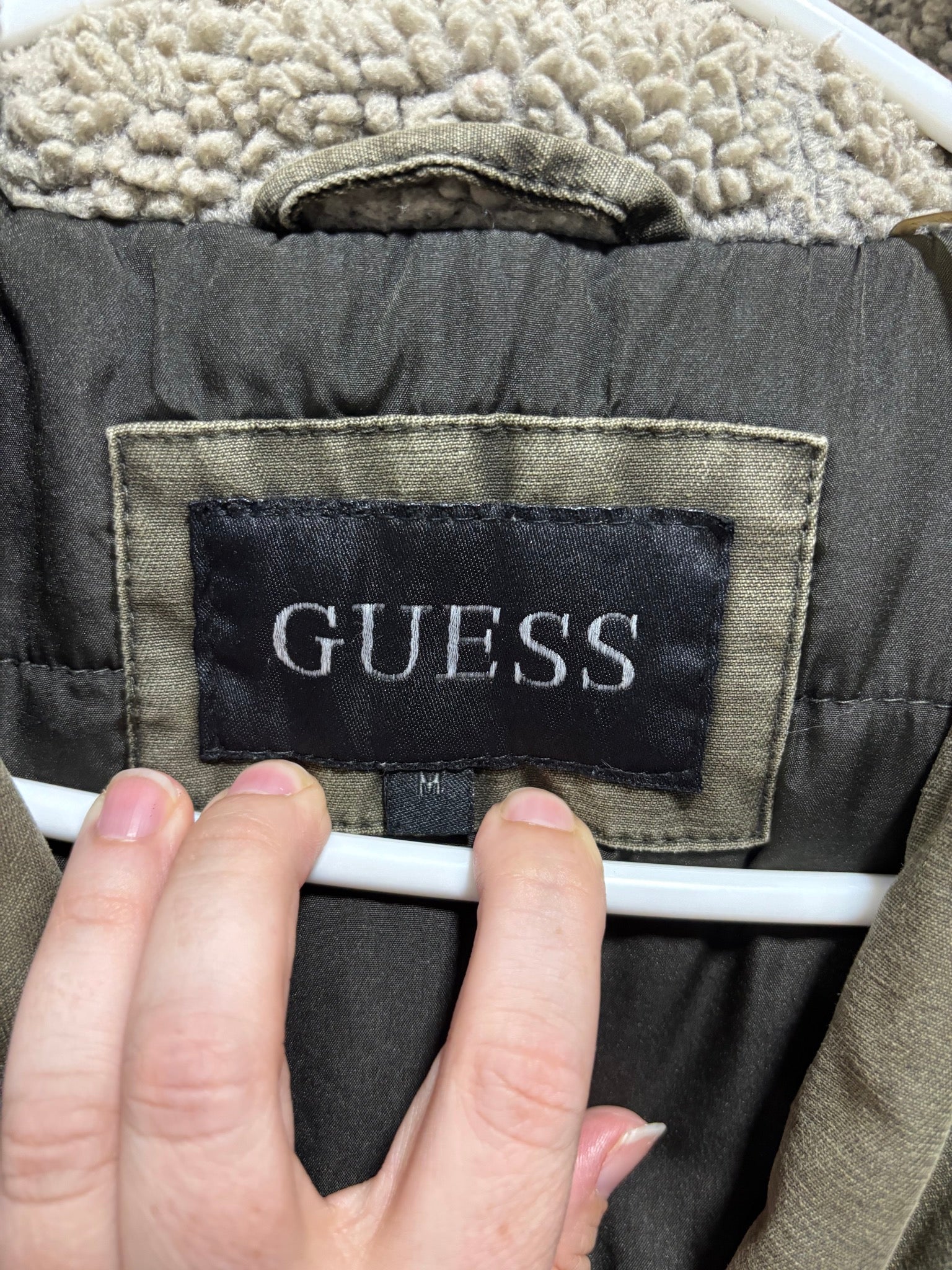 GUESS Mens M Olive Green Sherpa-Lined Hooded Military Field Parka Jacket