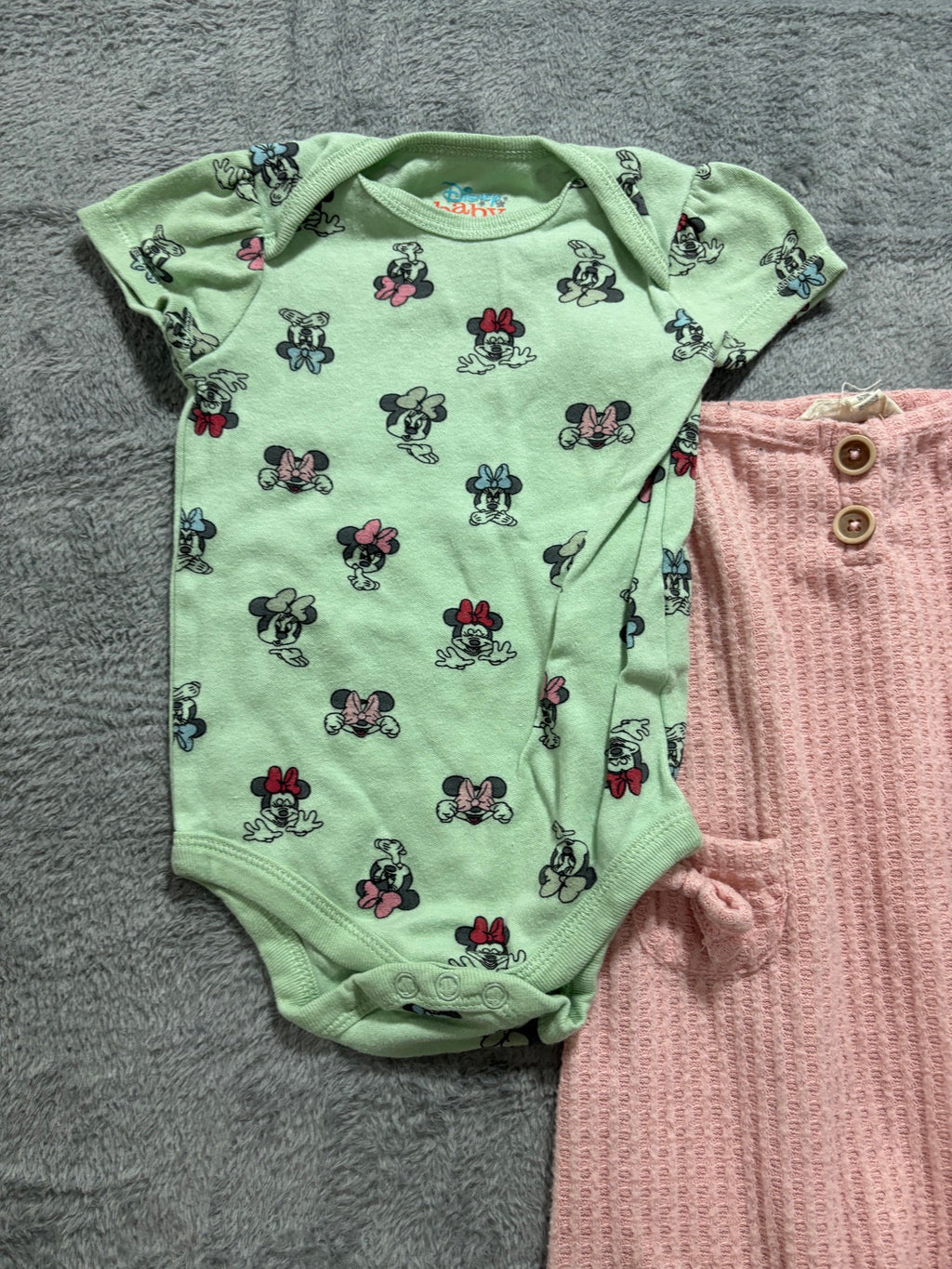 Disney Baby 6-9M Girl 5 Pc Lot Minnie Mickey Bodysuits Waffle Romper Shorts Pink