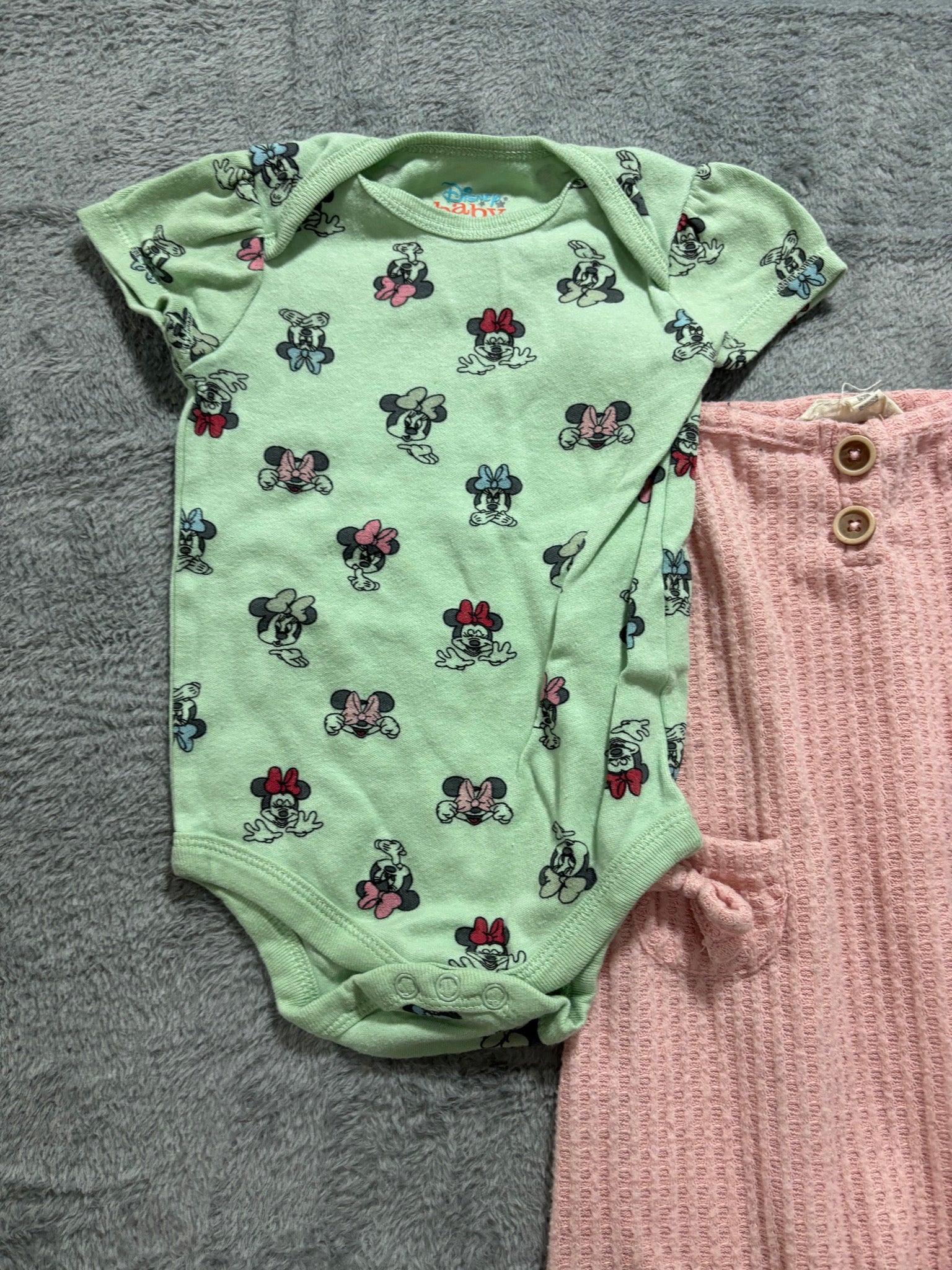 Disney Baby 6-9M Girl 5 Pc Lot Minnie Mickey Bodysuits Waffle Romper Shorts Pink