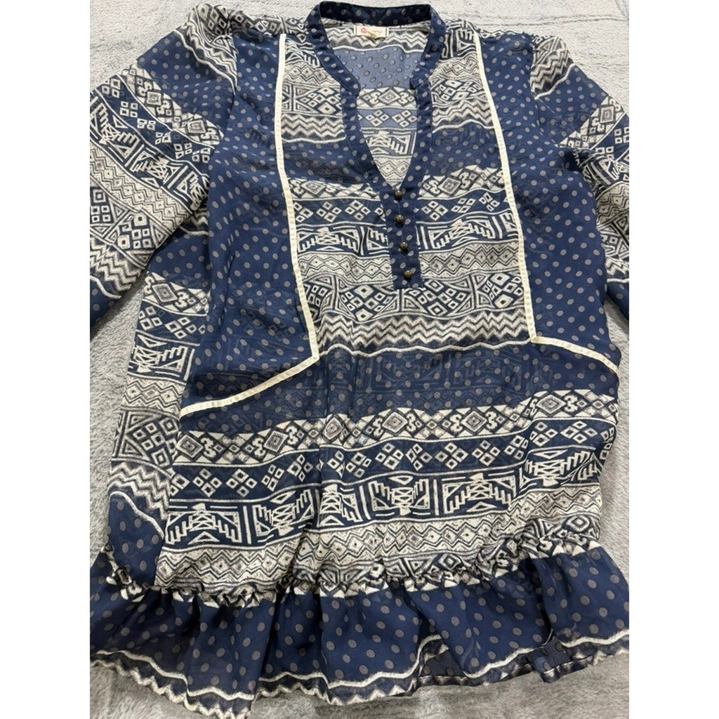 Olsenboye Boho Peplum Blouse Womens Large Blue Tribal Print Sheer Ruffle Top