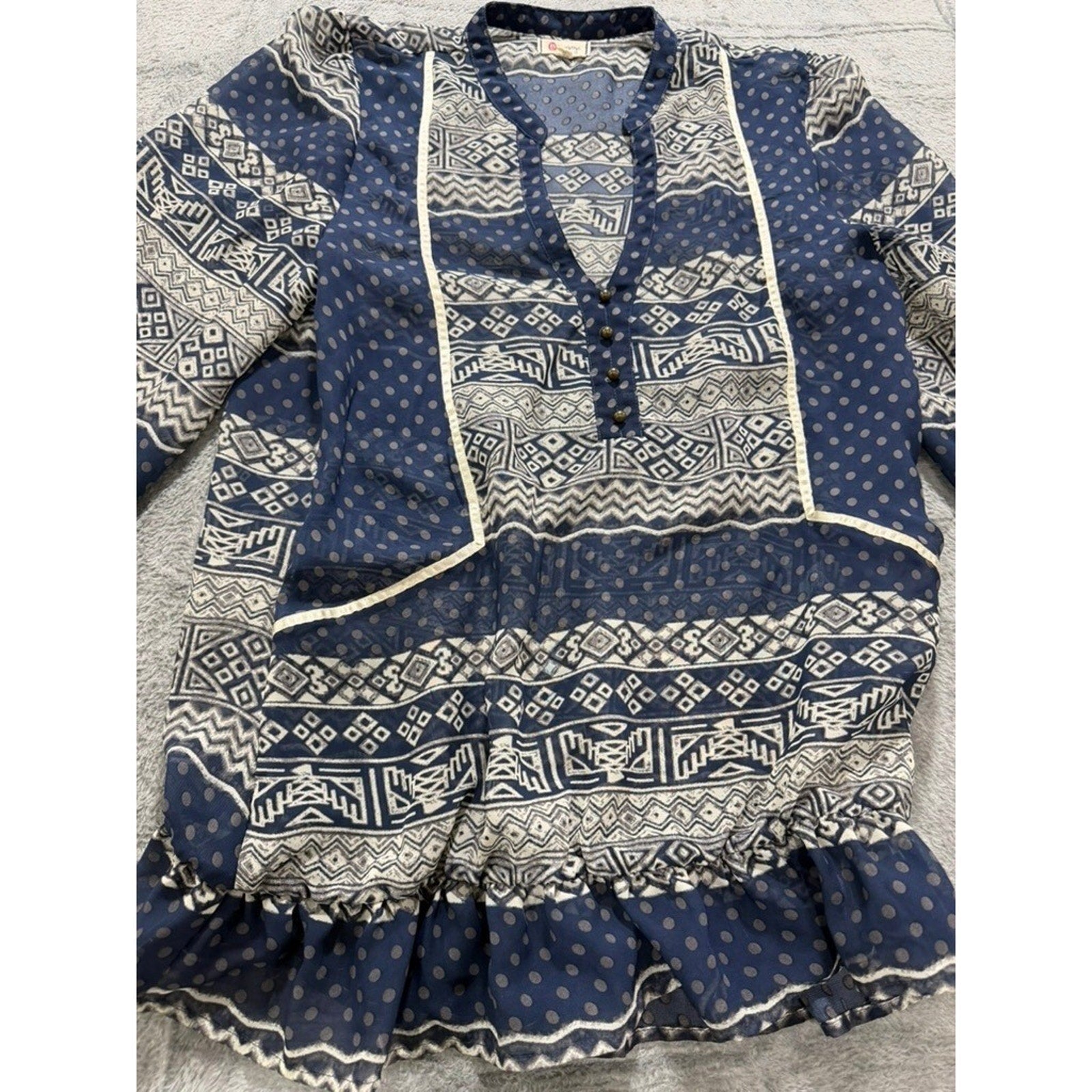 Olsenboye Boho Peplum Blouse Womens Large Blue Tribal Print Sheer Ruffle Top
