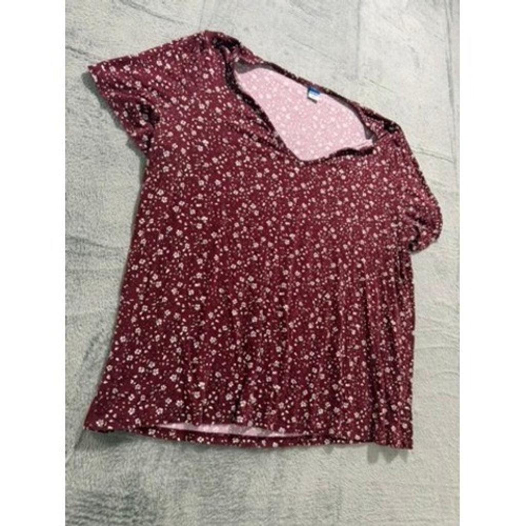 Old Navy Luxe Womens Large Burgundy Floral V-Neck Puff Short Sleeve Top Shirt