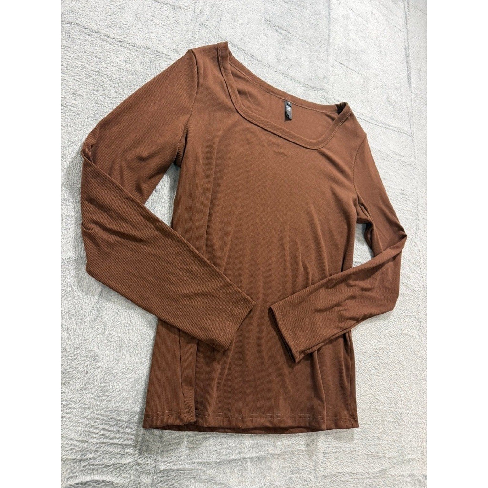 Automet Womens Brown Ribbed Square Neck Long Sleeve Top XL EZau458