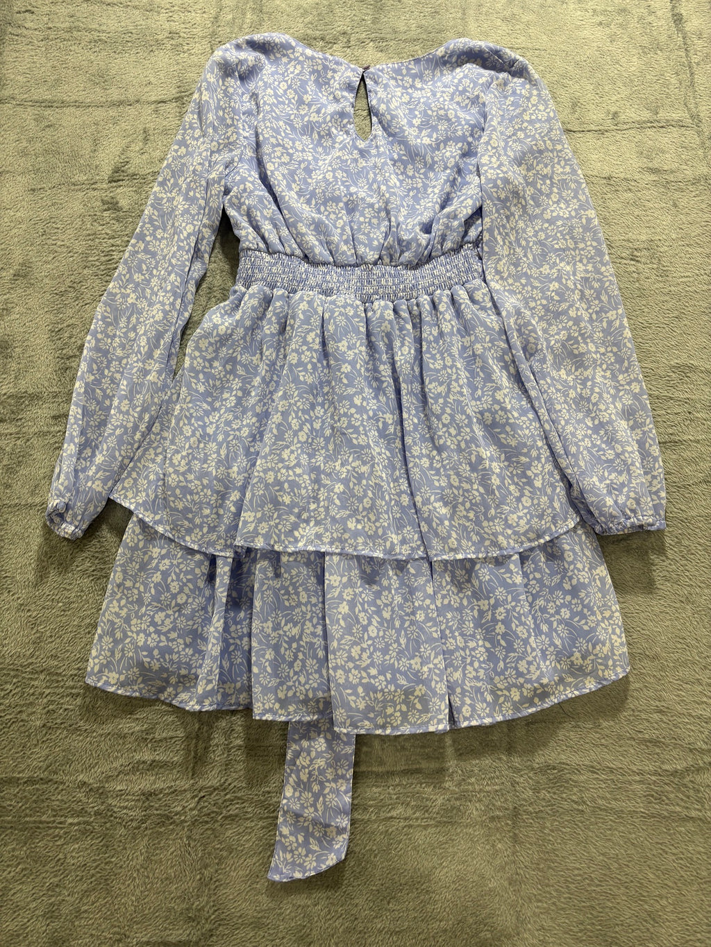 Jaspir S Blue Floral Tiered Ruffle Wrap Mini Dress Long Sleeve Tie Waist