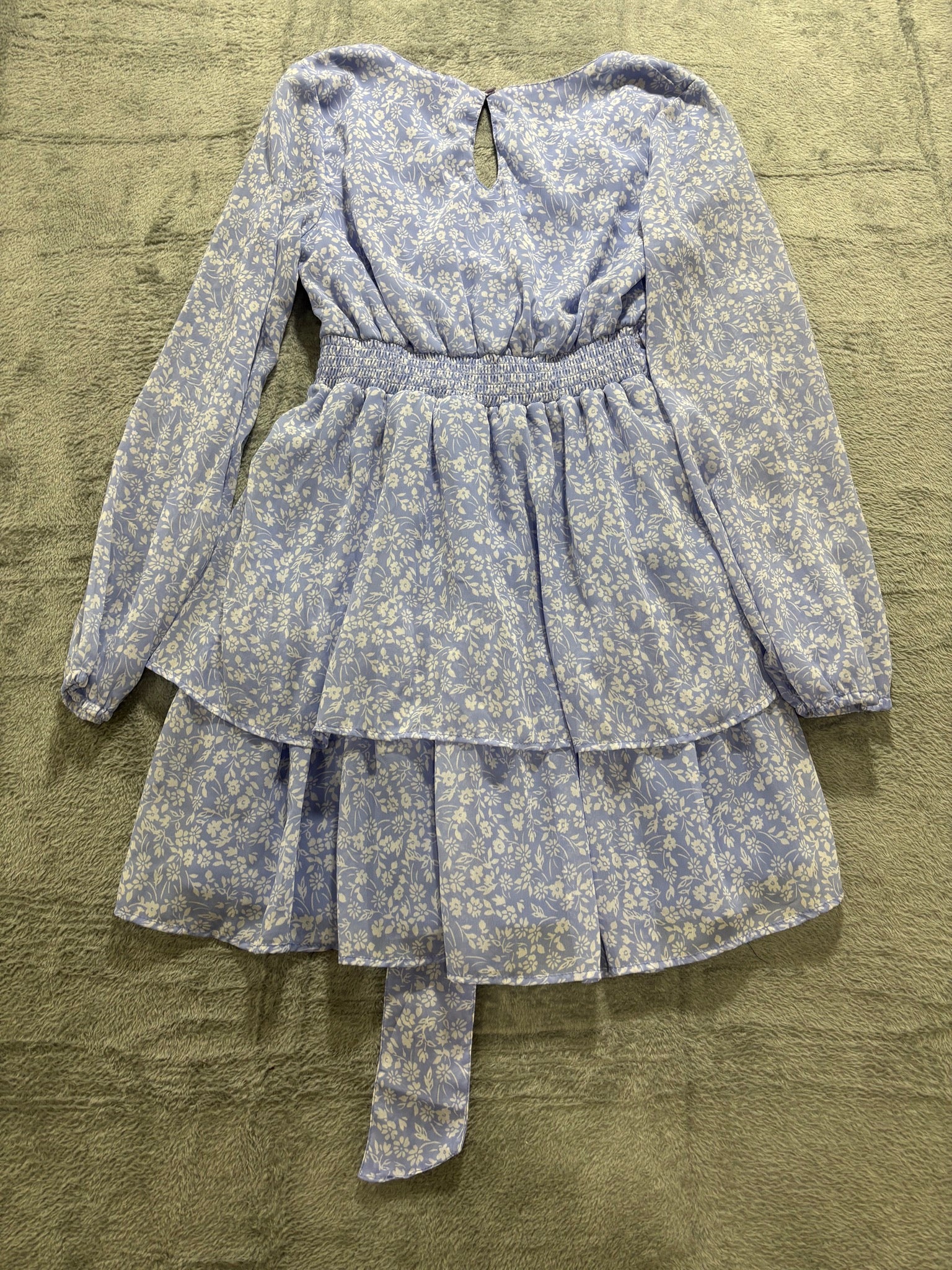 Jaspir S Blue Floral Tiered Ruffle Wrap Mini Dress Long Sleeve Tie Waist
