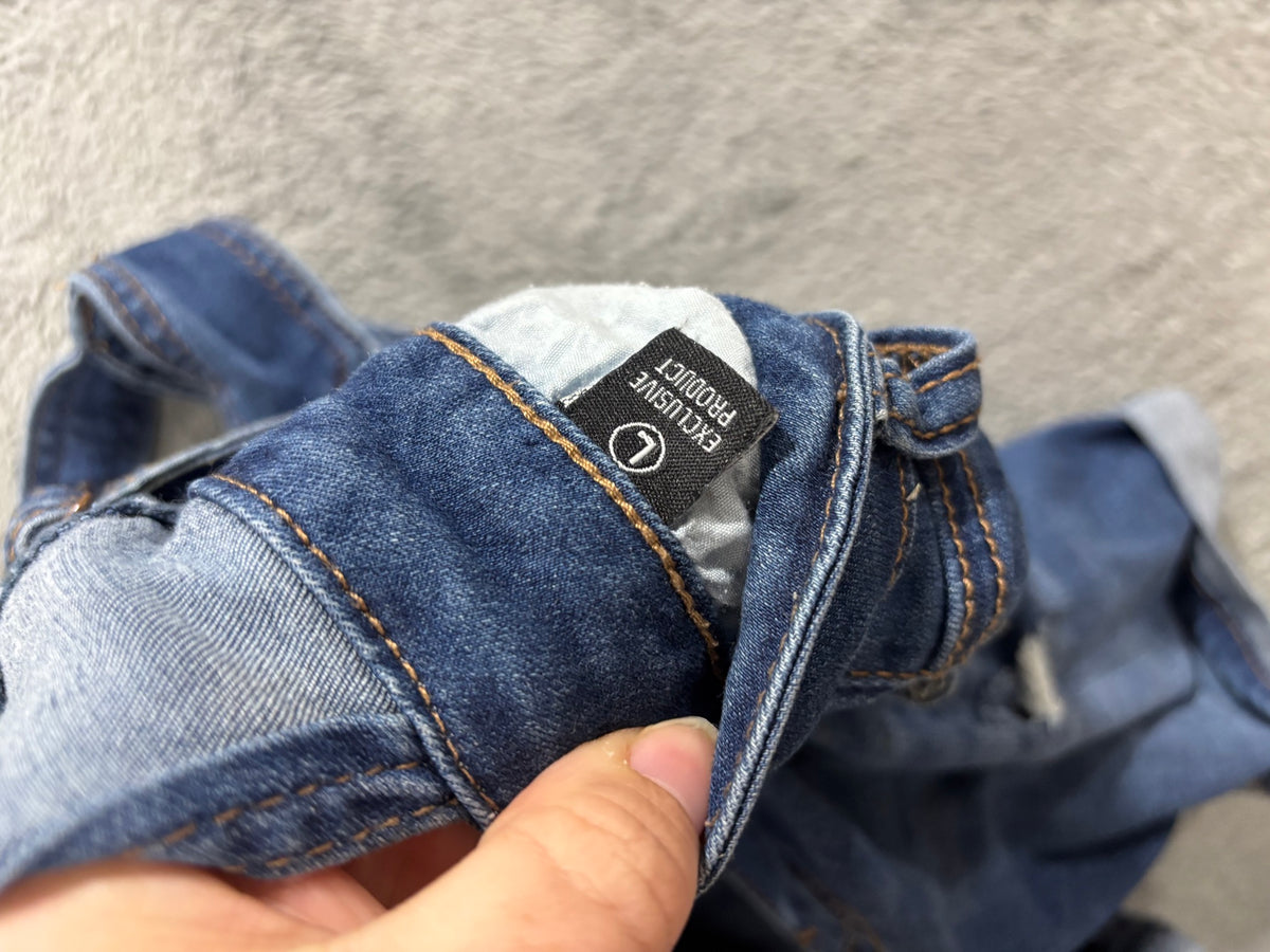 EnJean L Medium Wash Distressed Denim Overall Shorts Shortalls Cuffed Bib