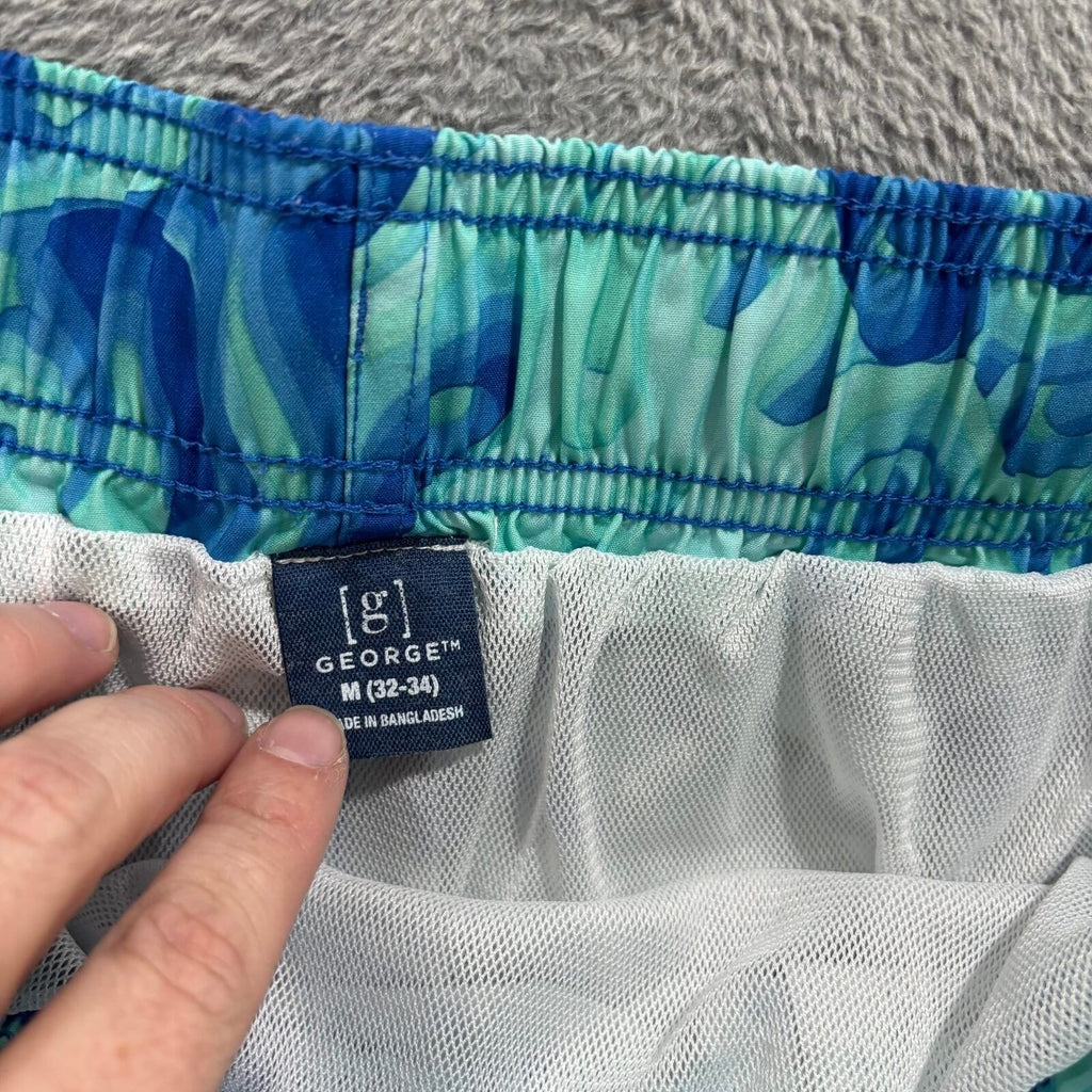 George M Blue Green Abstract Swirl Print Swim Trunks Shorts Casual Beachwear