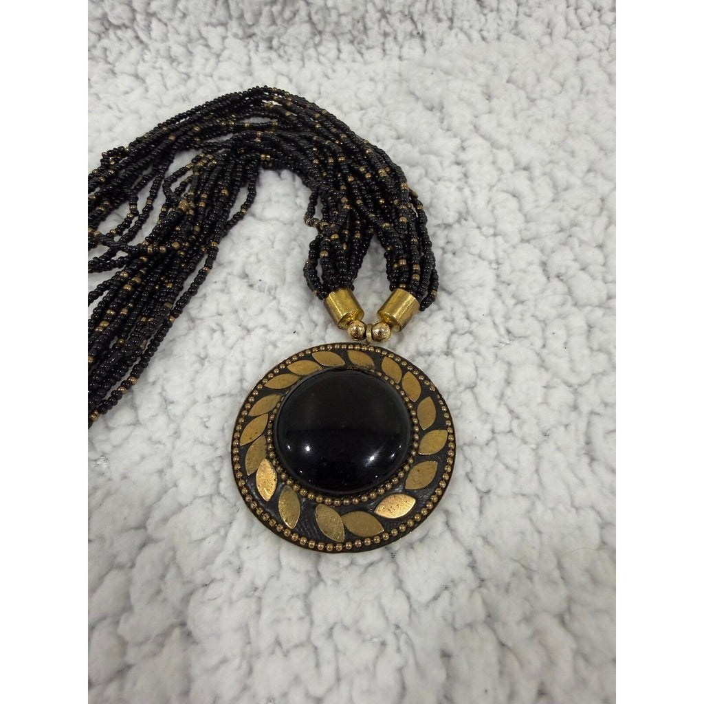 Womens OS Black Gold Multi Strand Seed Bead Statement Necklace Vintage Boho