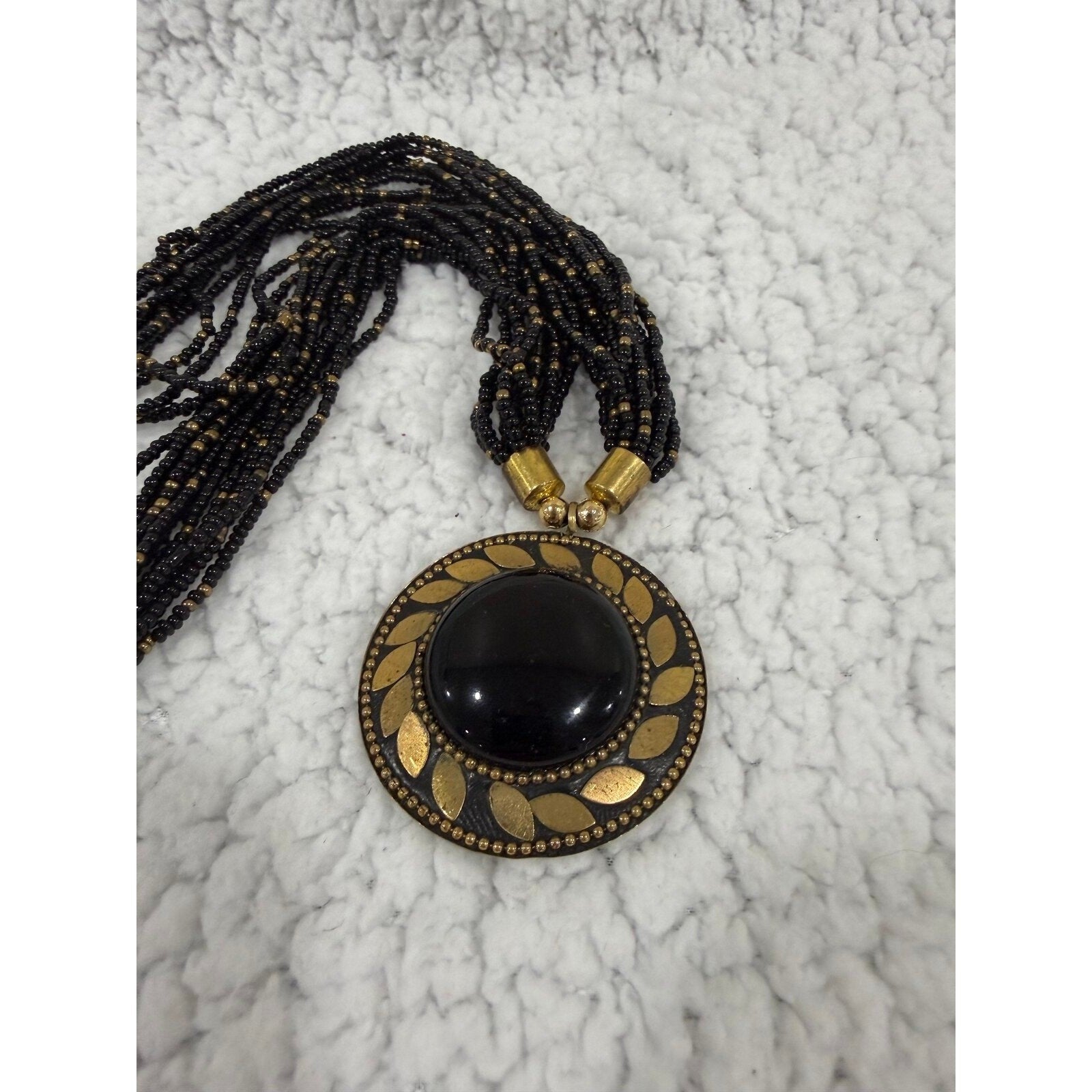 Womens OS Black Gold Multi Strand Seed Bead Statement Necklace Vintage Boho