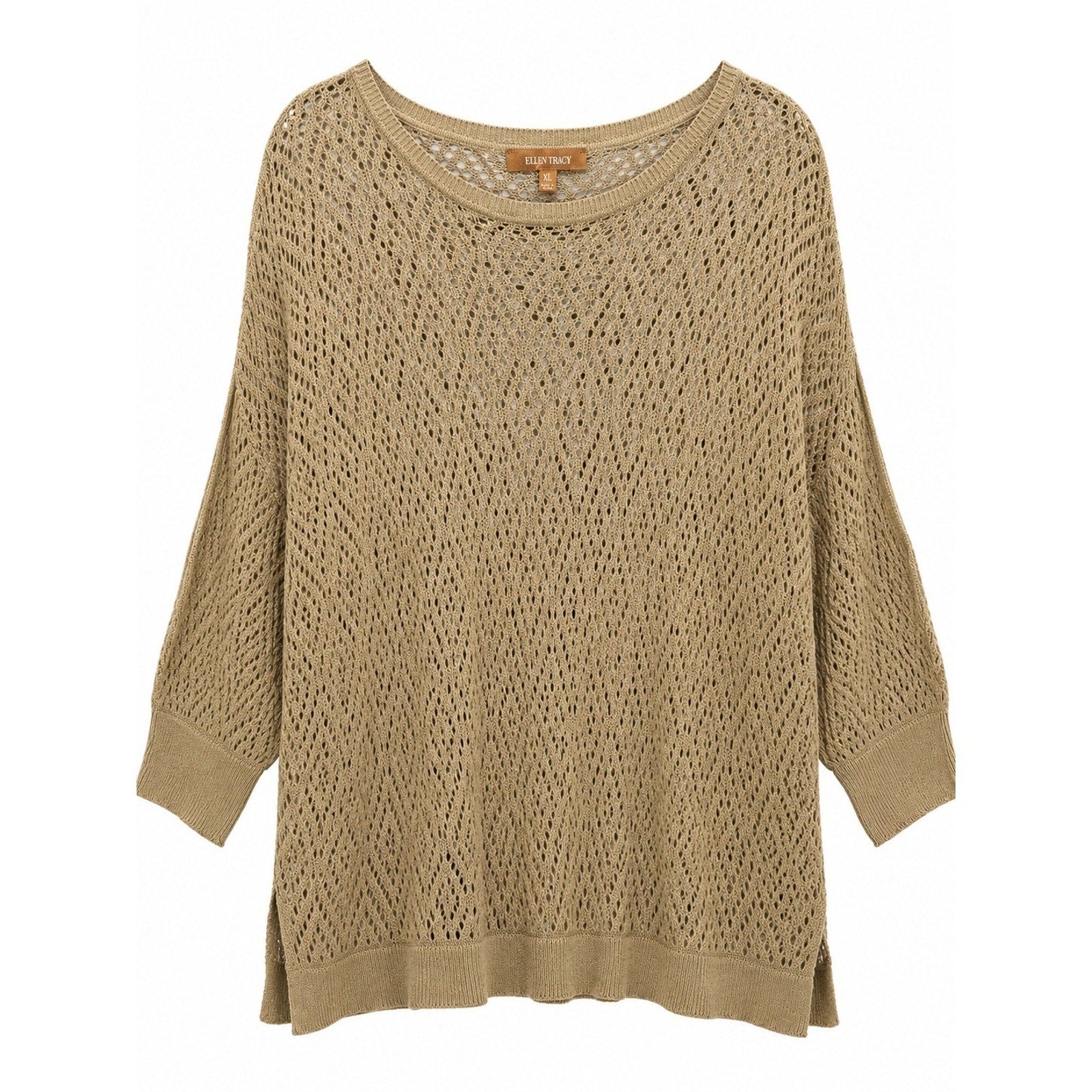 Ellen Tracy Womens XL Tan Diamond Open Knit Crochet Sweater 3/4 Sleeve Boat Neck