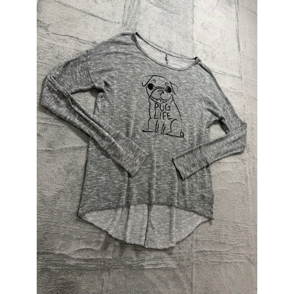 Bethany Mota Pug Life Graphic Knit Top Womens Medium Gray Casual Cute