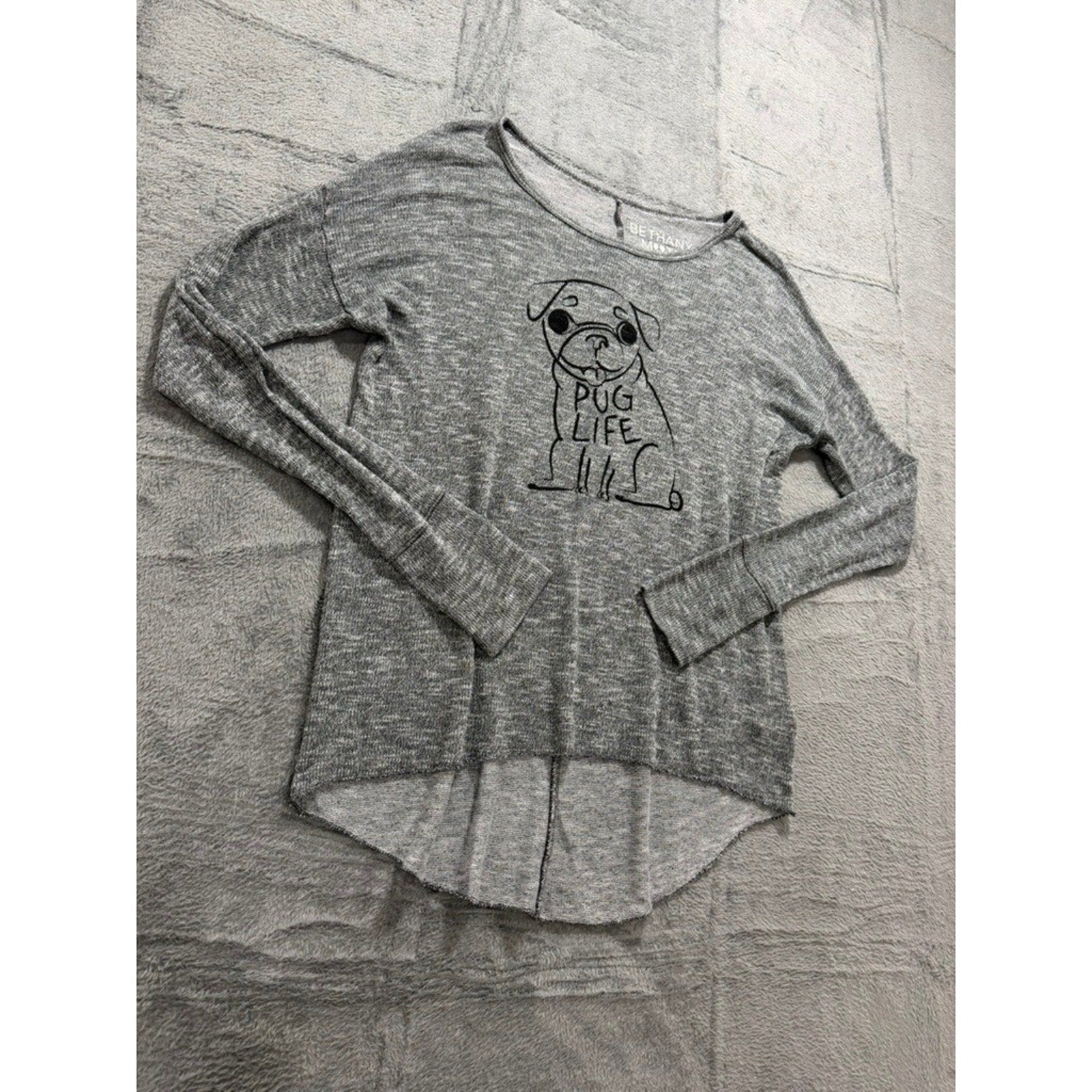 Bethany Mota Pug Life Graphic Knit Top Womens Medium Gray Casual Cute