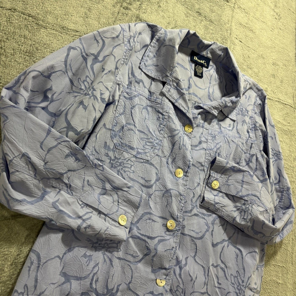 Denim & Co. L Blue Floral Button Down Shirt Womens Casual Coastal Vintage