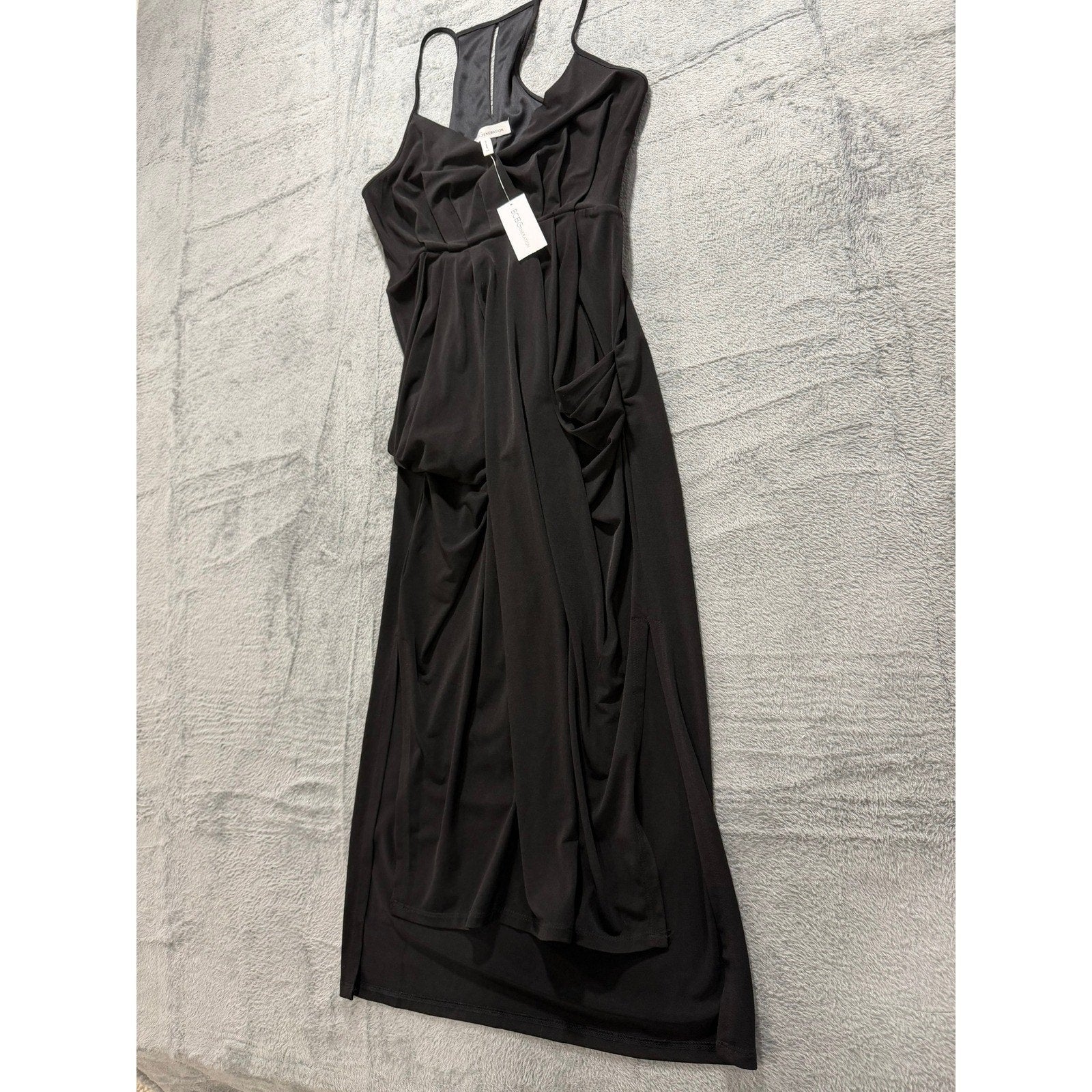 BCBGeneration Black Draped Racerback Midi Dress NWT XS Sleeveless Surplice LBD