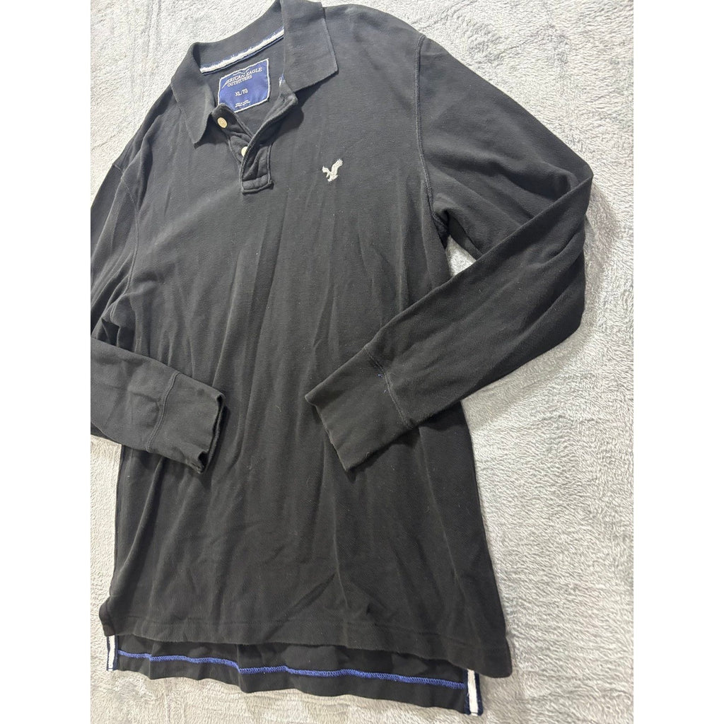 American Eagle XL Black Long Sleeve Polo Shirt Mens Vintage Fit Casual Preppy