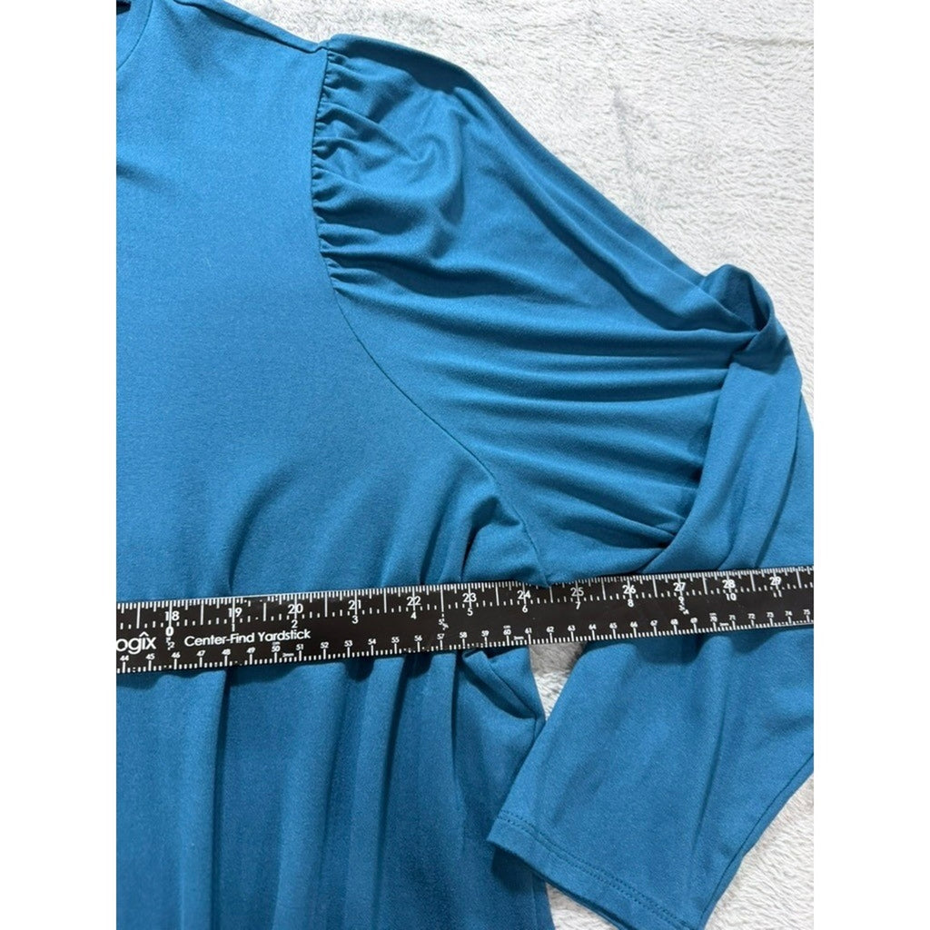 Lane Bryant Teal Blue Puff Shoulder Long Sleeve Top Plus Size 26/28 Round Neck