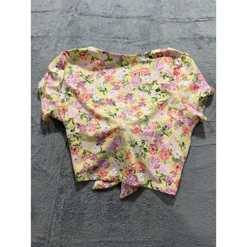 Haute Monde Womens Yellow Floral Tie Front Crop Top V-Neck Short Sleeve Large