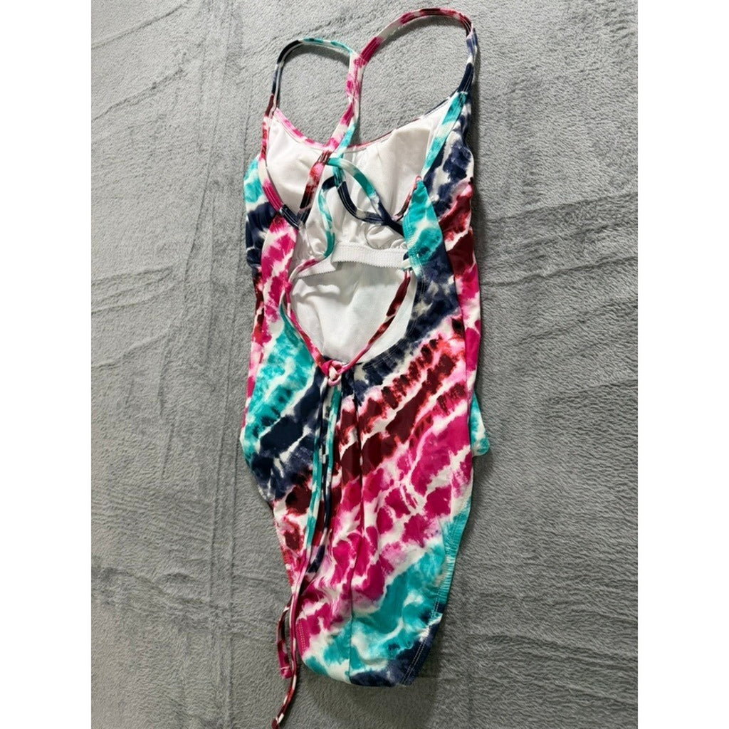 Women Tie Dye One Piece Swimsuit Pink Blue White Strappy Back Athletic