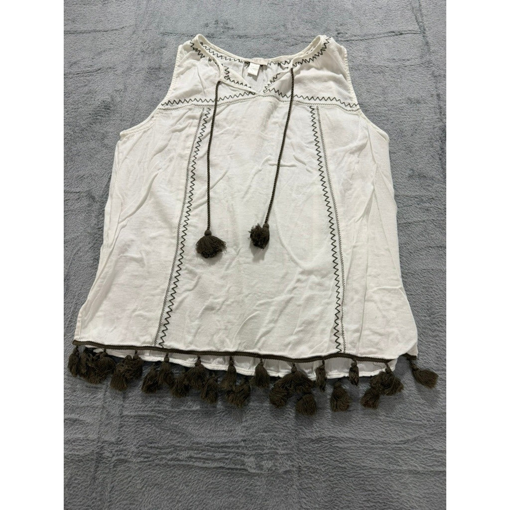 LOFT Outlet Women White Embroidered Tassel Boho Sleeveless Top Olive Green L