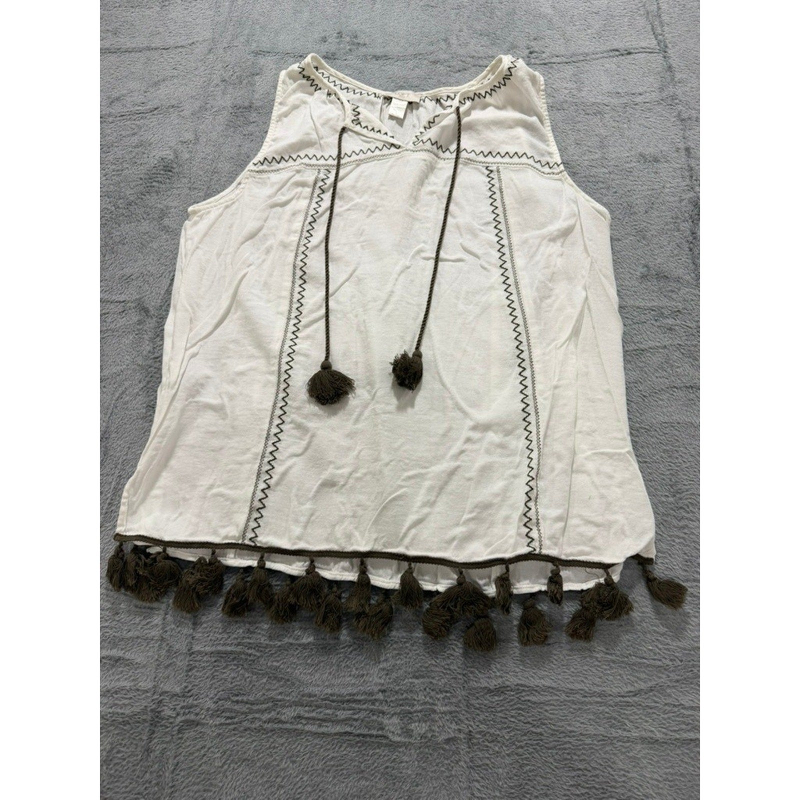 LOFT Outlet Women White Embroidered Tassel Boho Sleeveless Top Olive Green L