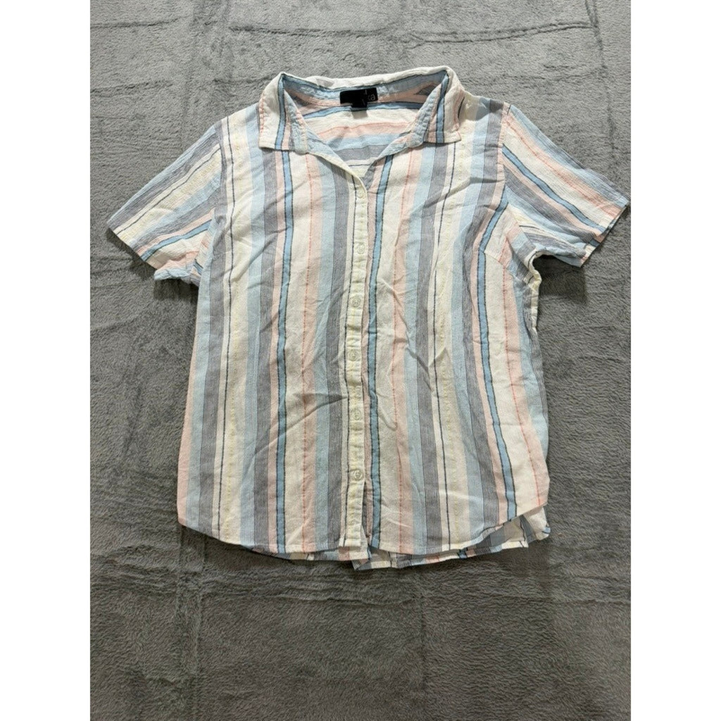 Erika Button Up Shirt Womens L Multicolor Stripe Cotton Short Sleeve Casual