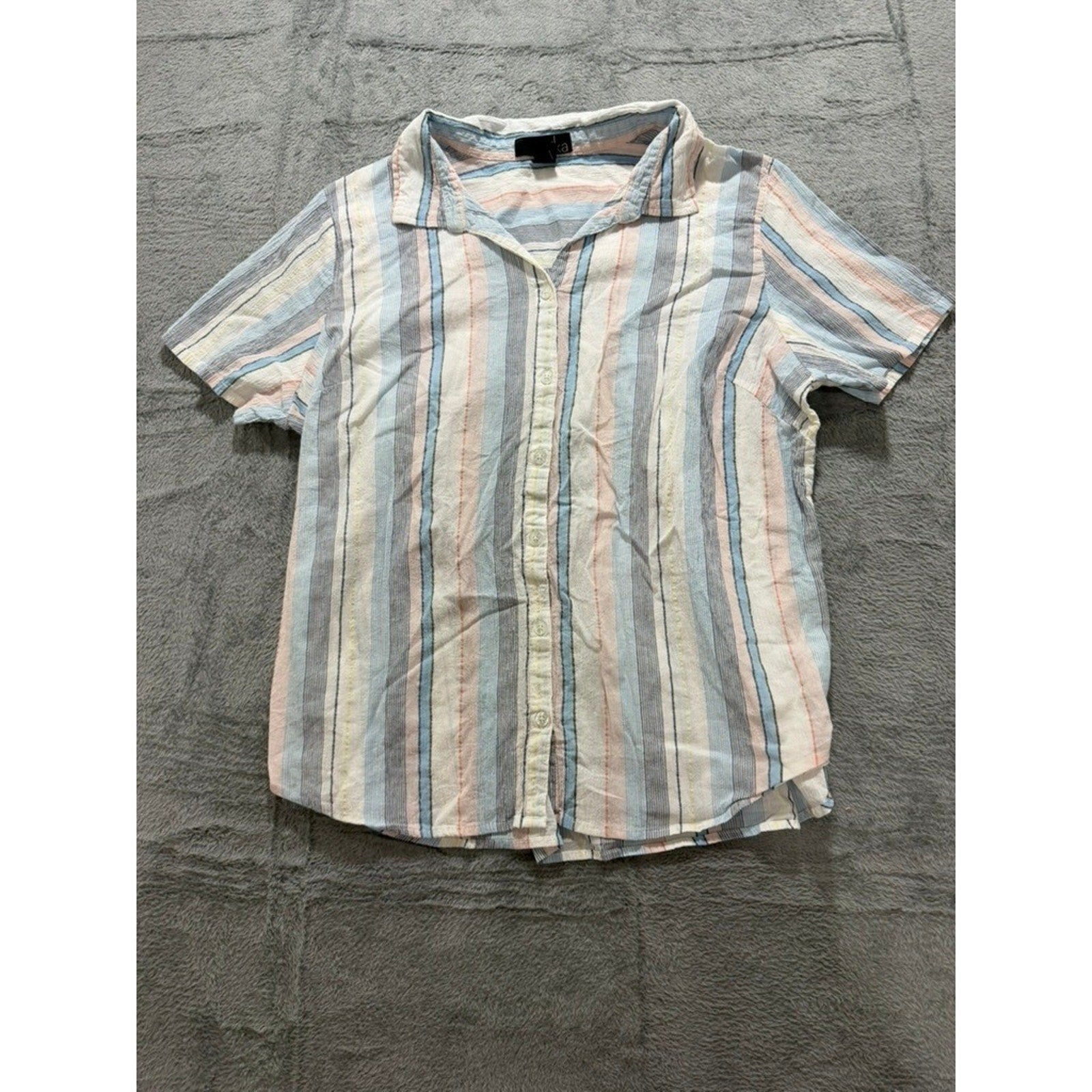 Erika Button Up Shirt Womens L Multicolor Stripe Cotton Short Sleeve Casual
