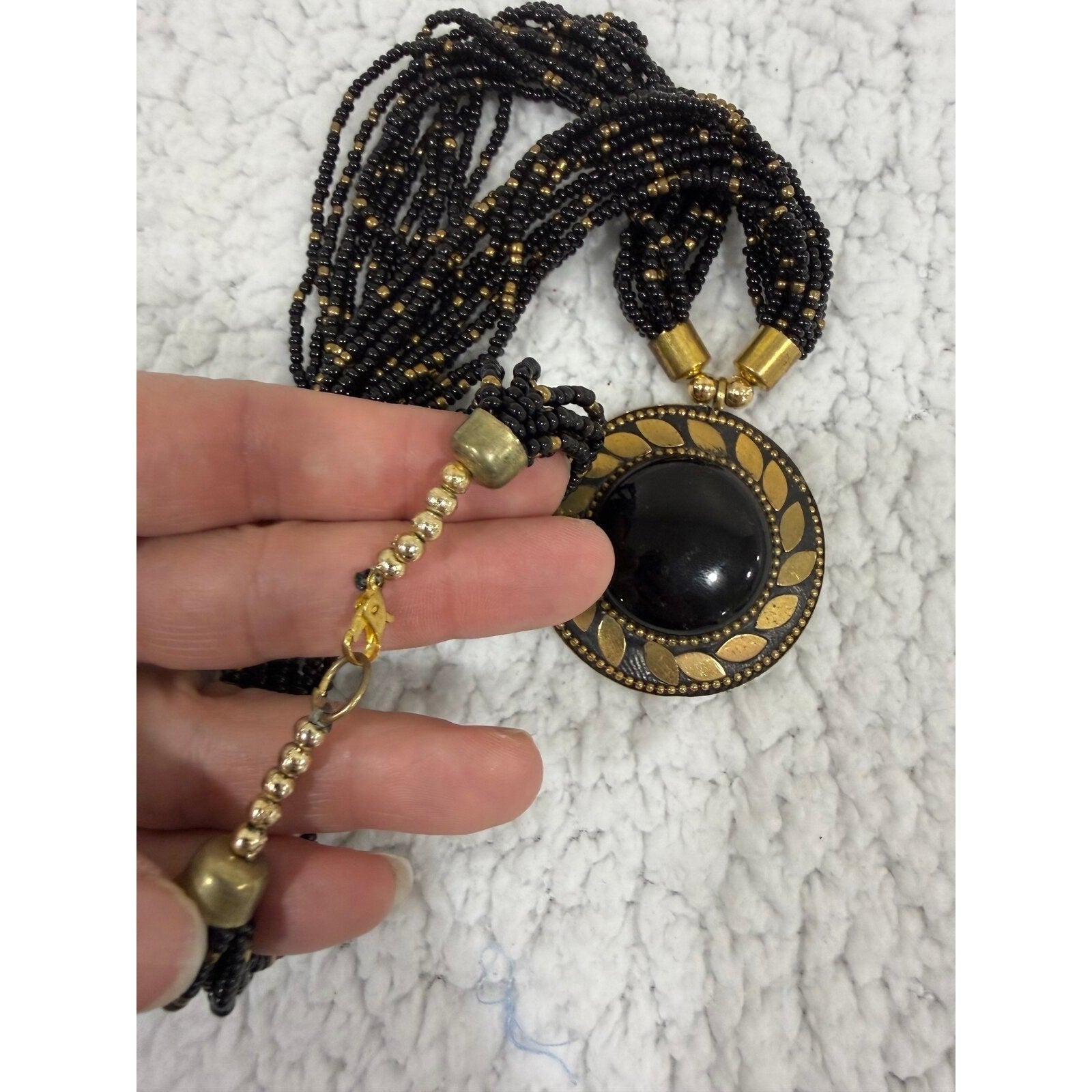 Womens OS Black Gold Multi Strand Seed Bead Statement Necklace Vintage Boho