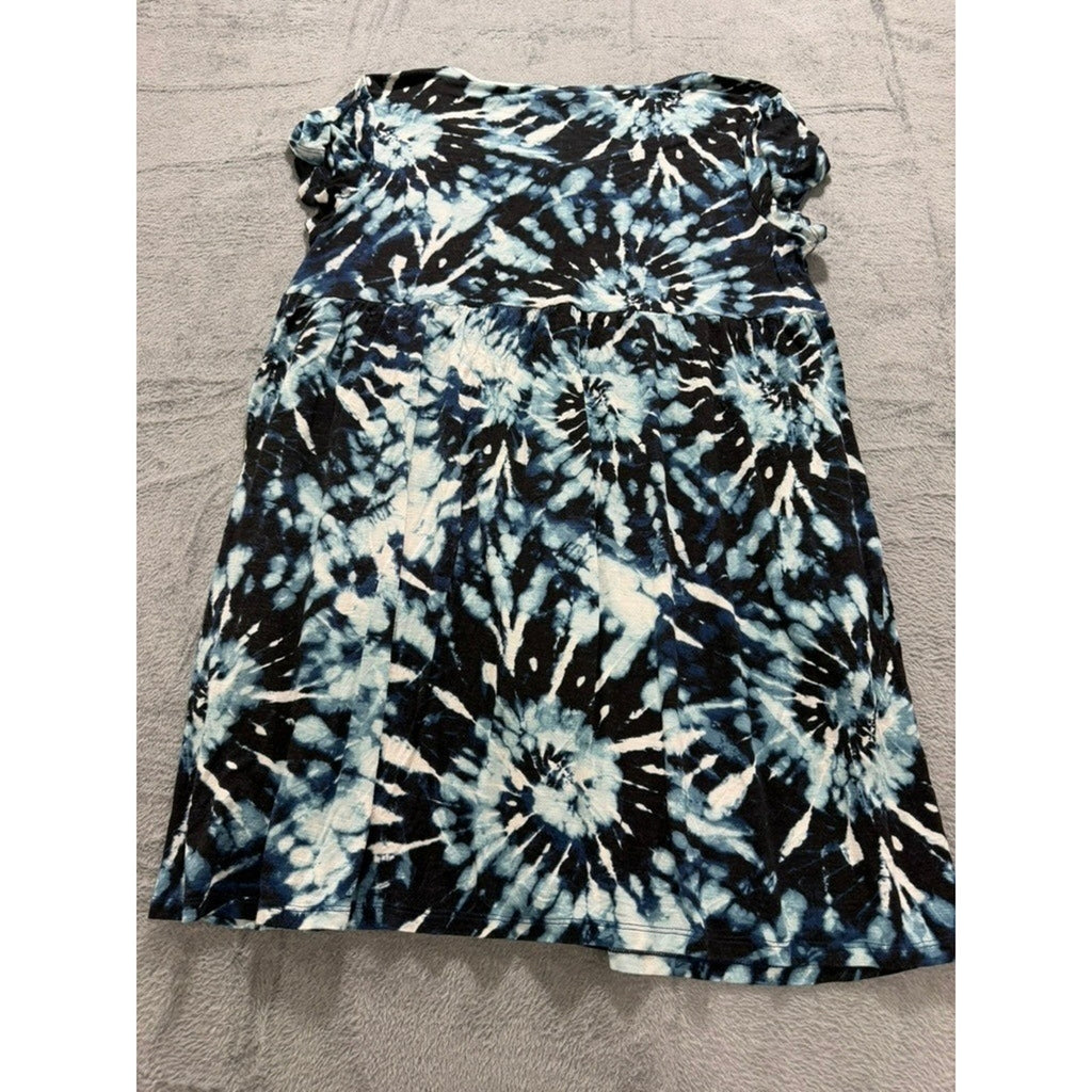 LuLaRoe Blue Black Tie Dye Button Front V-Neck Mini Dress Womens Large Festival